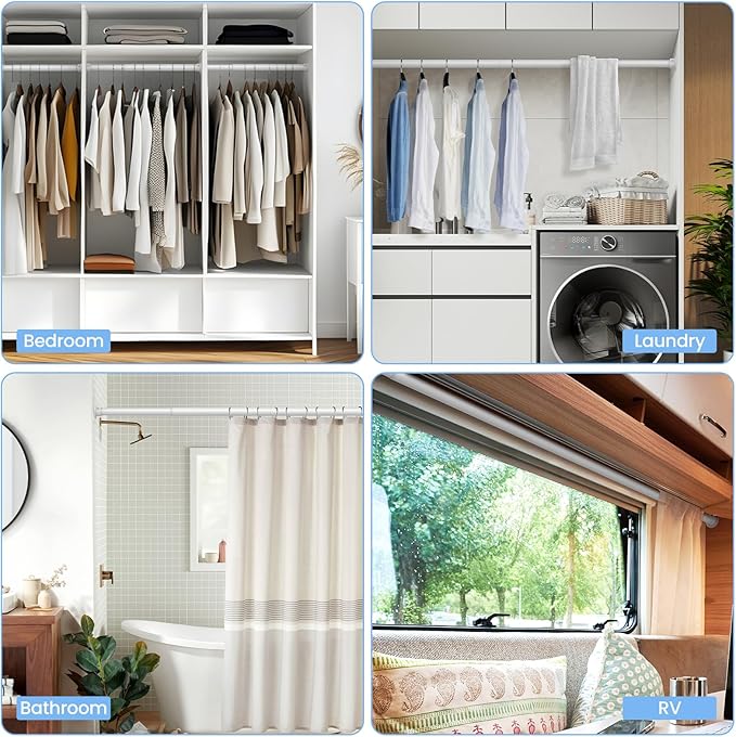 2 Pack Closet Rods for Hanging Clothes, 17 to 28 Inch Heavy Duty Stepless Adjustable Closet Hanging Rod, 1.3 Inch Diameter Metal Closet Rod for Wardrobes Laundry Bedroom RV, White