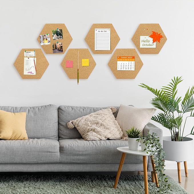 TUPARKA 6 Pack Cork Board Hexagon Bulletin Boards Cork Tiles 8.2"x7" - 1/4" Self-Adhesive Corkboards with 50 Push Pins Mini Wall for Wall Home School Office Decorative