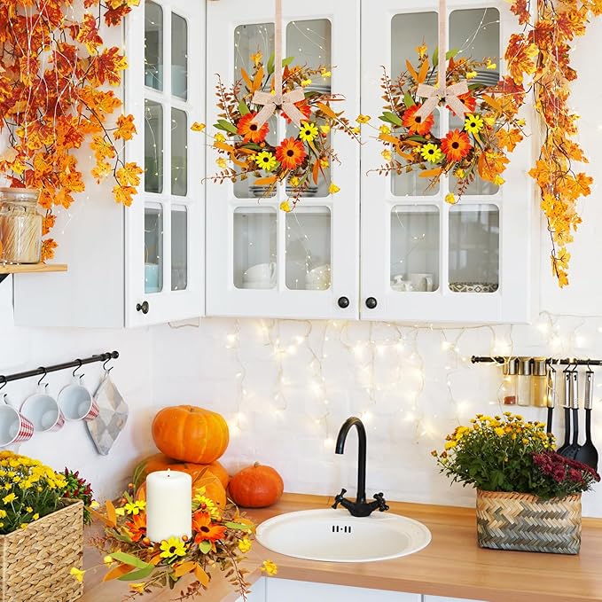 8 Pcs Mini Fall Autumn Swags Wreaths Thanksgiving Artificial Daisy Candle Rings Wreaths Autumn Cabinets Farmhouse Wreath with Ribbon for Pillar Front Door Porch Wall Window Decoration