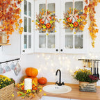 4 Pcs Mini Fall Autumn Swags Wreaths Thanksgiving Artificial Daisy Candle Rings Wreaths Autumn Cabinets Farmhouse Wreath with Ribbon for Pillar Front Door Porch Wall Window Decoration