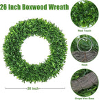 26Inch Boxwood Wreaths for Front Door，Summer Wreaths for Front Door Outside Realistic，Front Door Wreath Outside All Season，Artificial Green Wreath for Farmhouse Porch Wall Wedding Room Home Decor