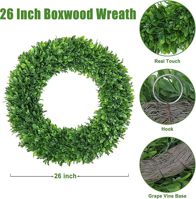 26Inch Boxwood Wreaths for Front Door，Summer Wreaths for Front Door Outside Realistic，Front Door Wreath Outside All Season，Artificial Green Wreath for Farmhouse Porch Wall Wedding Room Home Decor