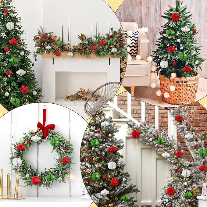 TecUnite 50 Pcs Christmas Paper Honeycomb Ornaments for Tree Vintage 3D Mini Glitter Edge Paper Christmas Ornament Honeycomb Tree Hanging Neutral Boho Holiday Xmas Party Decoration(Red White Green)