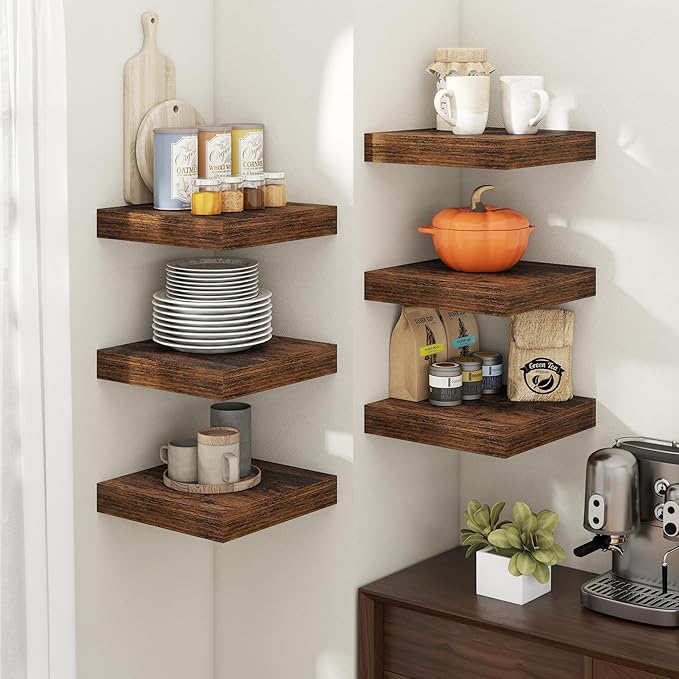 12 Inch Square Floating Shelves for Wall 2 Pack, 12"D Wood Grain Bathroom Shelves with Invisible Brackets, Easy Install Engineered Wood Storage Shelves for Kitchen, Living Room, Rustic Brown Finish