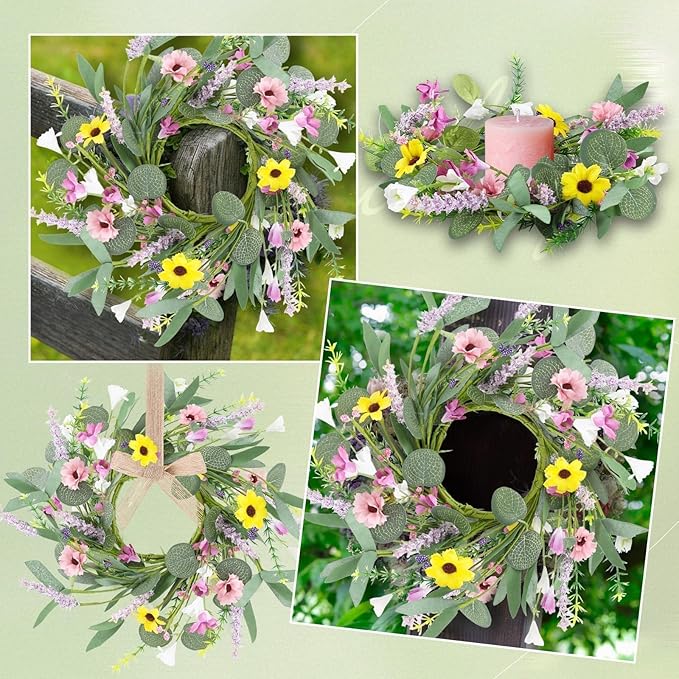 4 Pcs 9" Mini Spring Summer Flowered Wreath Floral Wedding Candle Rings Wreaths Kitchen Cabinet Wreaths with Ribbon for Pillars Wedding Table Centerpiece Farmhouse Party Home Door All Seasons Decor