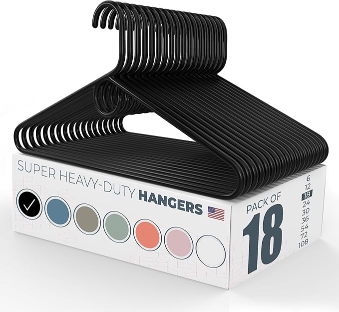 Neaties Super Heavy Duty Clothes Hangers 18 Pack – Made in the USA - 10lb Capacity, Thick Plastic Hangers for Pants, Coats, Jackets, Jeans and Adult Clothing – Black