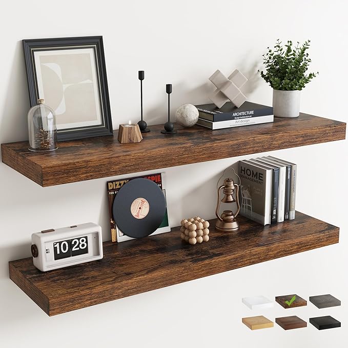 48 Inch Long Floating Shelves for Wall 2 Pack, 12"D Wood Grain Bathroom Shelves with Invisible Brackets, Easy Install Engineered Wood Storage Shelves for Kitchen, Living Room, Bedroom, Rustic Brown