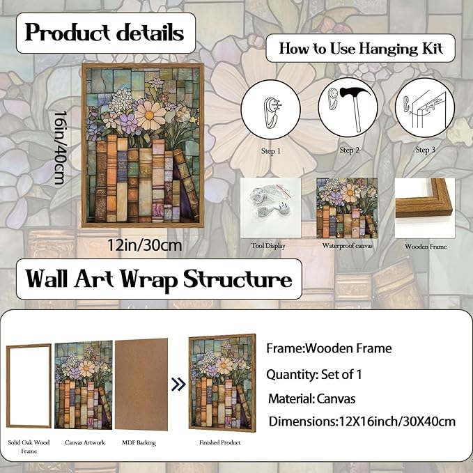 YYNISPIN Vintage Book Wildflower Wall Art Moody Stained Glass Book Lover Wall Decor Painting, Whimsical Reading Nook Library Poster Canvas Prints for Cottage Bedroom Living Room 12x16 inch Frame