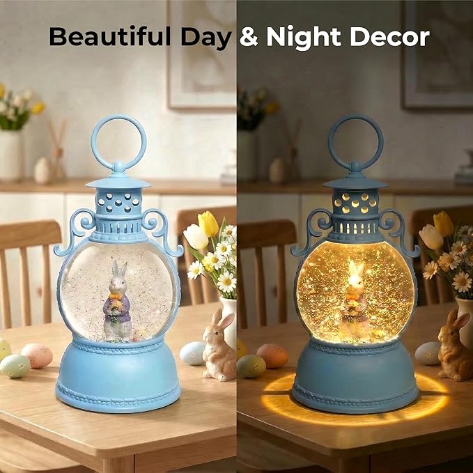 Easter Snow Globe Lantern, 9.4" Bunny Couple Lighted Snow Lantern with 6-Hour Timer, Battery or USB Powered, Spring Easter Decorations for Home, Easter Bunny Gift & Blue Easter Decor