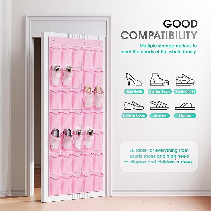 WVM Over the Door Shoe Organizer with 35 Breathable Mesh Pockets, Hanging Shoe Organizer for Door with 4 Metal Hooks, Large Capacity Closet Storage for Shoes, Accessories