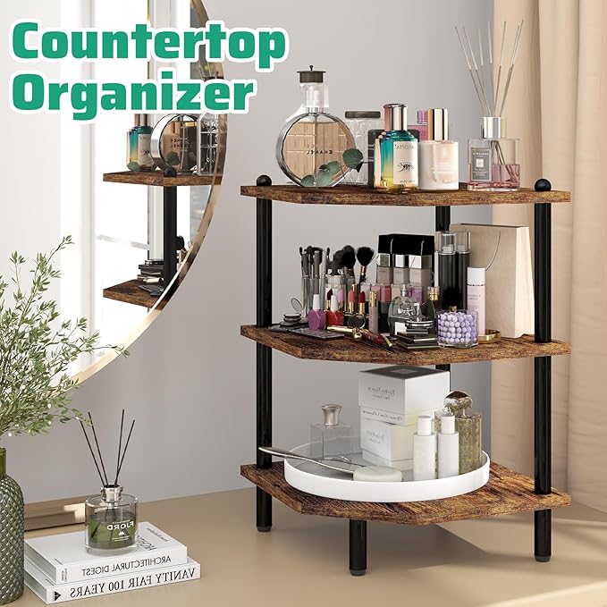 Desktop Corner Stand Shelf for Storage, 3 Tier Corner Shelf Organizer, Rustic Brown Rack for Small Spaces, Bedroom, Home Office, Kitchen, Bathroom
