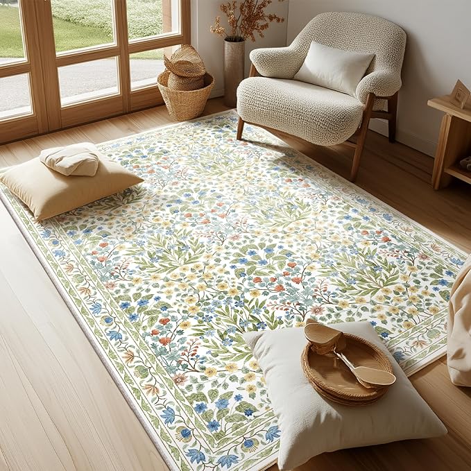 4x6 Feet Area Rug for Living Room Bedroom, Washable Non-Slip Large Rug, Ultra Soft Stain Resistant, Beige Green Distressed Floral Design