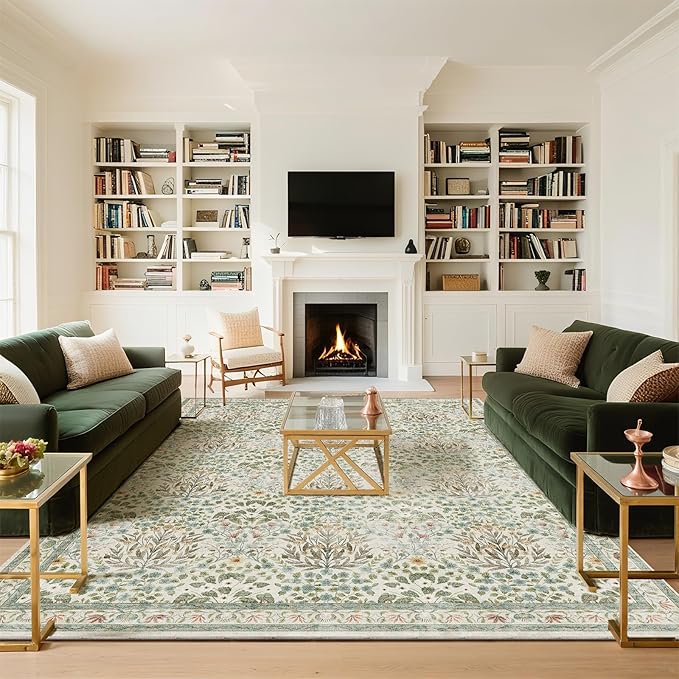 9x12 Washable Area Rug, Soft Non Slip Low Pile Rug for Living Room, Bedroom, Large Dining Room, Vintage Floral Design, Stain Resistant Carpet