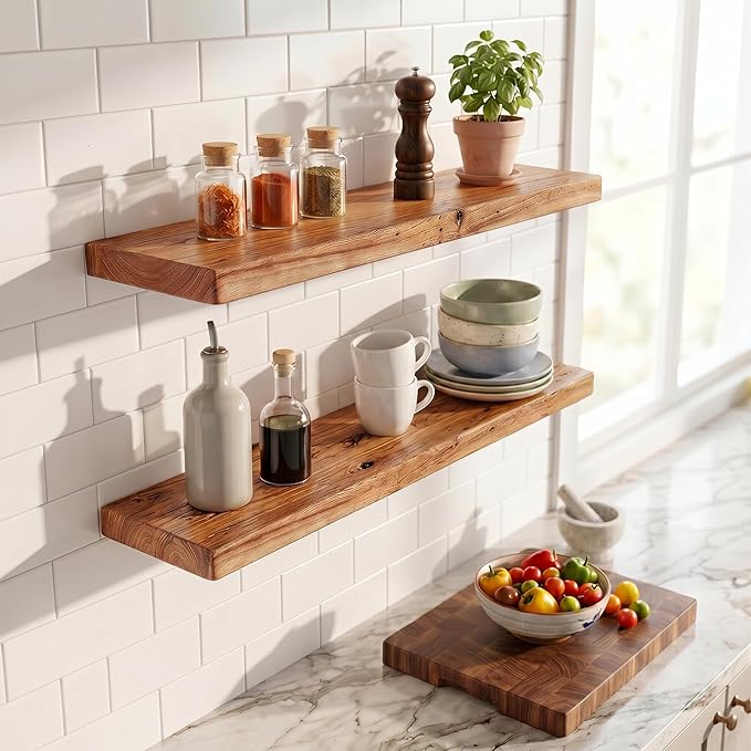 36 Inch Floating Shelves, Solid Wood Wall Shelves, 8 Inch Deep Floating Shelf – for Bathroom, Bedroom, Living Room, Kitchen, Home Decor & Storage, Heavy-Duty Wooden Shelf Wall-Mounted, Set of 2