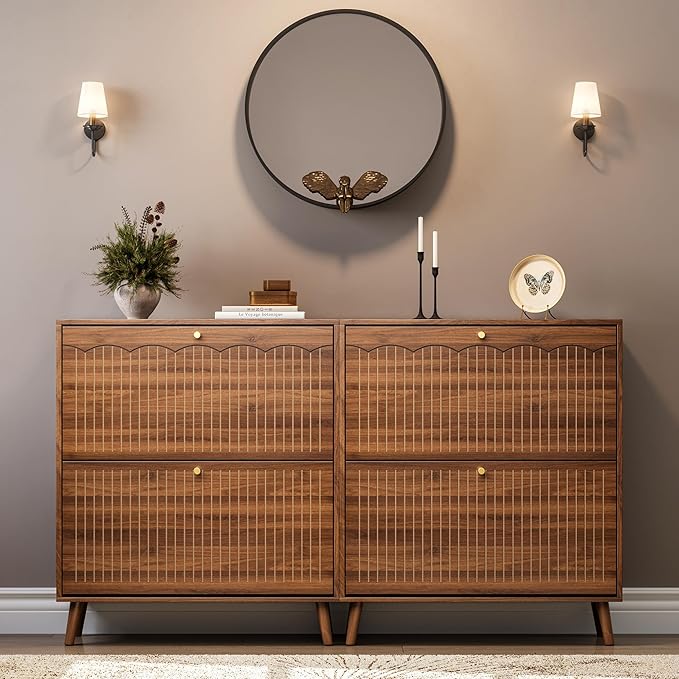 Nicetree Mid-Century Modern Slim Shoe Cabinet for Entryway, 9.45" Narrow Shoe Storage Cabinet with Architectural Arched Fluted Front, Entryway Shoe Storage with Adjustable Shelves,Classic Walnut