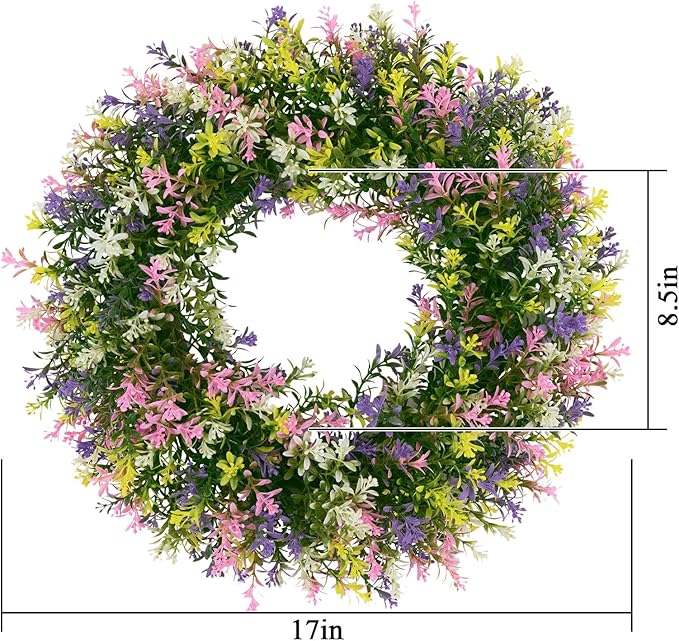SHACOS Spring Wreath 17" Artificial Front Door Wreaths Pink Purple Yellow White Colorful Wreath for Home Wall Window Farmhouse Decoration 100% Plastic Indoor Outdoor