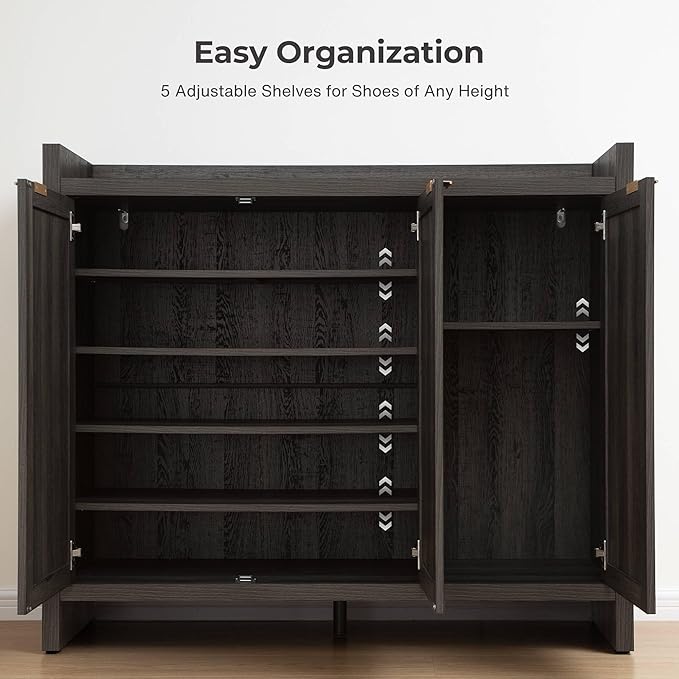 SICOTAS Shoe Storage Cabinet, 30 Pairs Rattan Shoe Cabinet Storage for Entryway, 6-Tier 41" Tall Large Shoe Cabinet, Boho Farmhouse Cabinet with Doors for Entryway Hallway Living Room, Black Oak