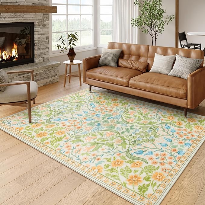 Moynesa Floral 5x7 Area Rugs, Machine Washable Rugs for Bedroom, Non Slip Boho Rugs for Living Room, Large Flower Stain Resistant Floor Carpet for Dining Room Home Office, Spring
