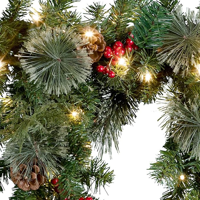 Haute Decor 6 Foot Christmas Pre-lit Holiday Swag for Fireplace Mantels with 100 Energy-Efficient Soft White LED Lights, Faux Berries, Real Pinecones and Built-in Timer