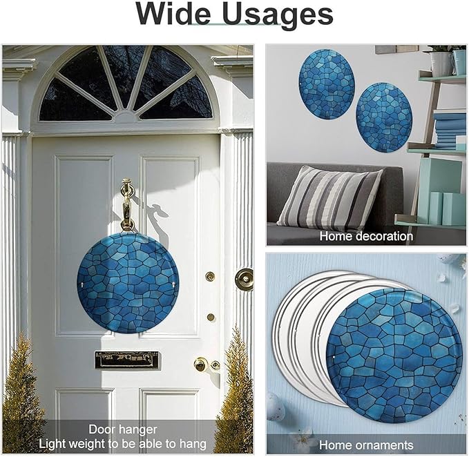 Wall Picture, with Blue Tile Pattern Printed Circular Iron Hanging Picture,Wall Art Decor,Home for Bedroom Living Room Bathroom Decor,Iron Painting 11.8X11.8 in