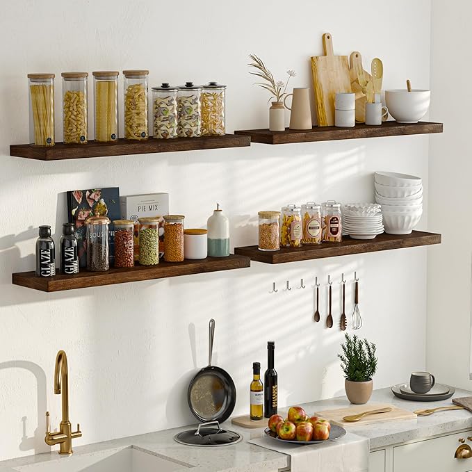 Fun Memories 42" Floating Shelves for Wall, Rustic Solid Elm Wood Floating Shelves - Invisible Bracket Mount, Extra Long Wall Mounted Shelf for Living Room, Bathroom, Bedroom, Kitchen, Walnut