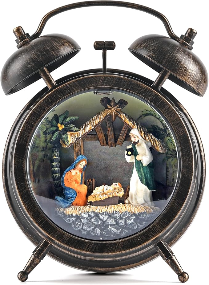 Kikth Red/Bronze Retro Plastic Lighted Musical Snow Globe, Alarm Clock Snow Globe 6H Timer, USB/Battery Operated Christmas Decorations Indoor (Nativity)