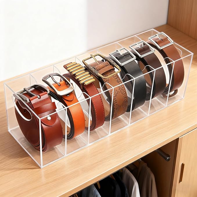 Belt Organizer - 7 Compartment Acrylic Belt Display Case for Closet Ties and Bow Ties