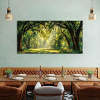 Green Forest Wall Art Panoramic Woodland Landscape Canvas Pictures Nature Wall Decor Sunrise Sunlight Trees Scenery Poster Living Room Bedroom Office Hallway Cabin Lodge Home Decoration 29.53x 57.87"