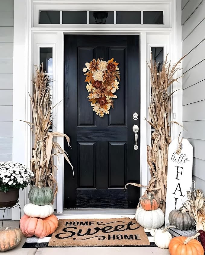 23.6 Inch Fall swags for Front Door Outside Autumn sway with Dahlia, Chrysanthemum, Rose, Berries & Leaves – Fall Door sway for Outdoor sways Indoor Thanksgiving Decor Champagne and Brown
