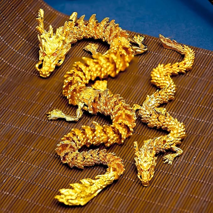 LIYAOLI 5 Pcs 3D Golden Dragon Decor, 9inch Chinese Dragon Sculpture, Hand-Polished Metallic Finish Art Piece, Zen Office Desk Decor, Premium Collectible Display