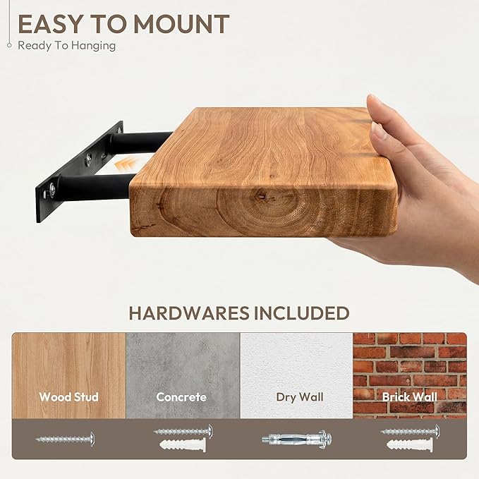 Marsmiles 36 inch Floating Shelves for Wall Solid Elm Wood Shelves|Rustic Wall Mounted Shelves with Heavy-Duty Invisible Bracket for Bathroom Living Room Kitchen|Rounded Edge Design|Natural, 2 Pack