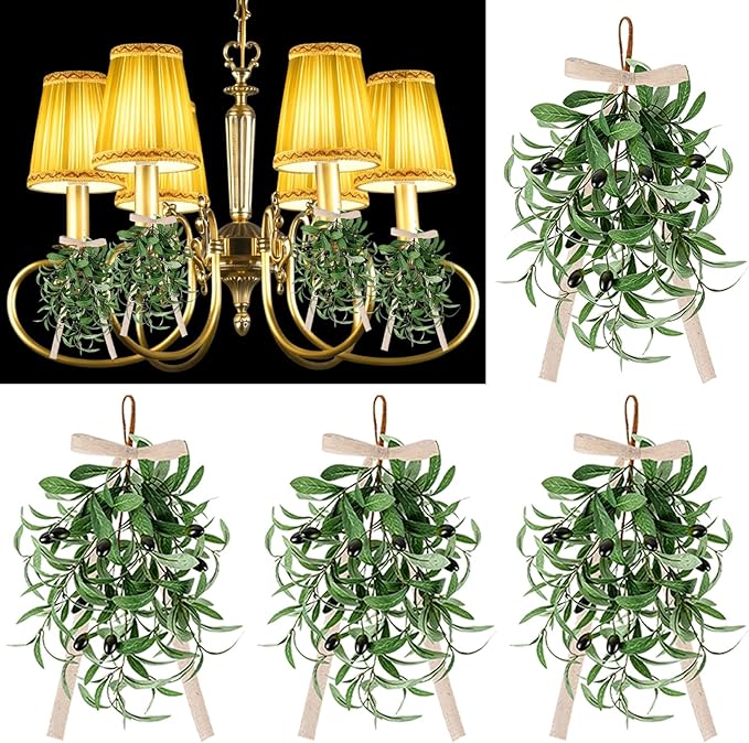 4 PCS Spring Summer Teardrop Swag Chandelier Rings Wreaths Decoration with Bow Artificial Green Olive Sconce Lighting Swag Wreath Greenery Candlestick Wreath for Farmhouse Wall Cabinet Holidays Decor