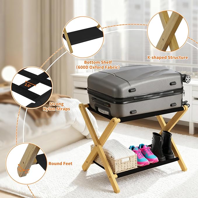 Heybly Luggage Rack, Pack of 2, Folding Suitcase Stand with Storage Shelf, Heavy-Duty Luggage Holder for Guest Room Bedroom Hotel, Holds up to 165 lb,Natural, HLR010N2