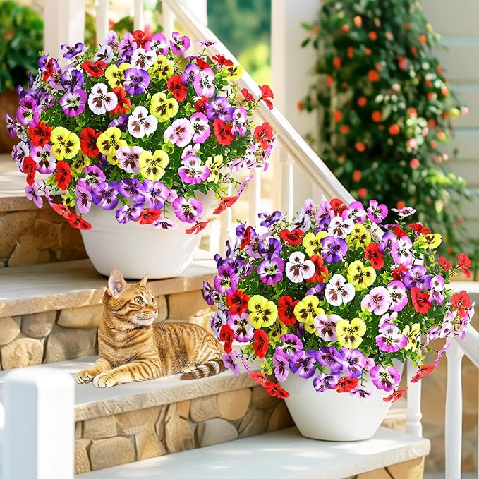 MARTINE MALL 12 Bundles Look Real Artificial Flowers for Outdoors, Realistic Fake Outdoor Flowers, UV Resistant Silk Pansy Flowers for Outside Faux Flowers Plants for Outdoor Porch, Four Mix Colors