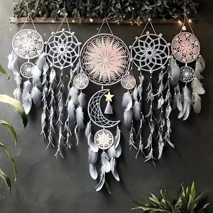 5 Pack Moon Phase Dreamcatcher Set Boho Wall Decor, Boho Macrame Wall Hanging Dream Catchers, for Home, Bedroom, Living Room, Witchy Gifts (Flower Color)