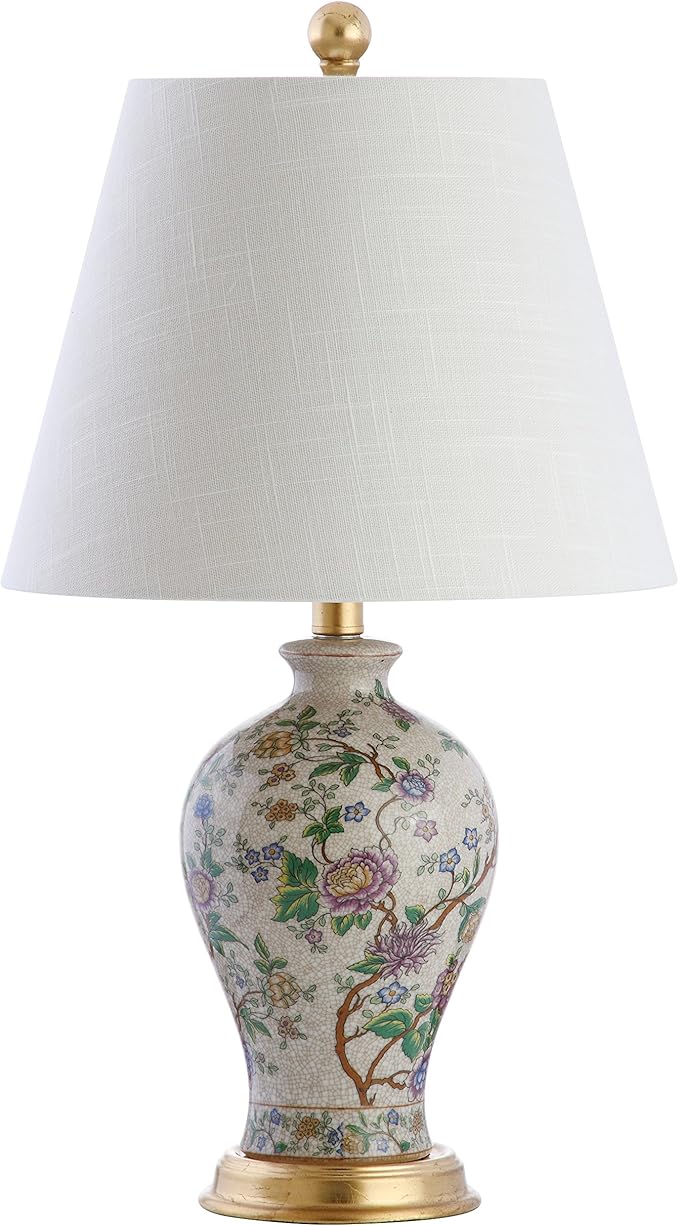 JONATHAN Y 24" Multi-Colored/Gold French Country Ceramic Floral Urn Table Lamp, White Linen Shade, Chinoiserie Ginger Jar Bedside Lamp for Living Room Bedroom, LED Bulb JYL3009A
