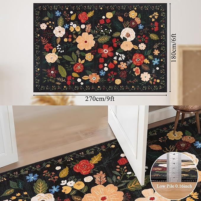 U'Artlines 6x9ft Vintage Floral Area Rug Machine Washable Ultra Soft Low Pile Non Slip Non Shedding Accent Floor Carpet for Living Room, Bedroom, Dining Room, Office (Black Green)