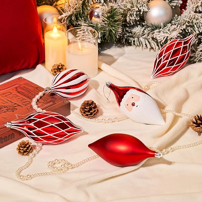 JORNOY Finial Christmas Ornaments for Tree Decorations, 150mm/6 in Shatterproof Plastic Hanging Large Tear Drop Baubles Bulk for Holiday Home Party Decor with String, 8 Pack, Red White