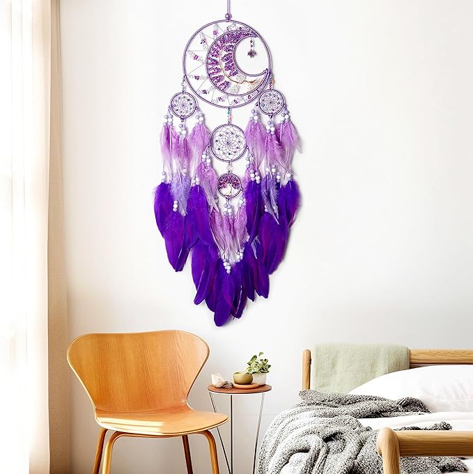 Large Dream Catchers, Handmade Woven Moon Healing Crystal Stone Dream Catcher Wall Hanging Ornament for Bedroom Living Room Wedding Party Decor, Festival Blessing Craft Gift (Purple Moon)