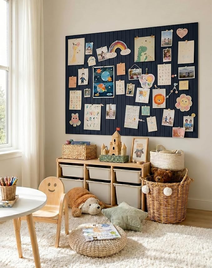 Aothia 12-Pack Felt Bulletin Board Tiles 48"x36", Modular Pin Board for Smooth Walls, Cork Board Alternative for Notes & Photos, 0.35" Thick, 70 Adhesive Tabs & 40 Pins, Navy Blue