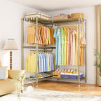 E15 Garment Rack L Shaped Clothes Rack for Corner，Freestanding Clothing Racks for Hanging Clothes，Heavy Duty Closet Organizer with 4 Hanging Rods & 8 S Hooks，43.4" W x 15.8" D x 78.4" H，Gold