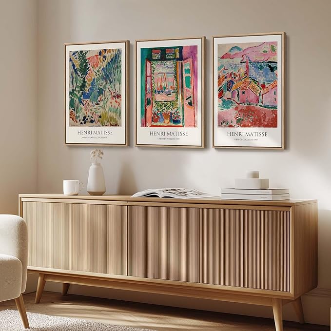 Framed Vintage Matisse Wall Art, Large Set of 3 Piece Colorful Canvas Artwork for Walls, Matisse Retro Landscape Paintings Prints Pictures for Living Room Bedroom Hallway Office Wall Decor 16x24