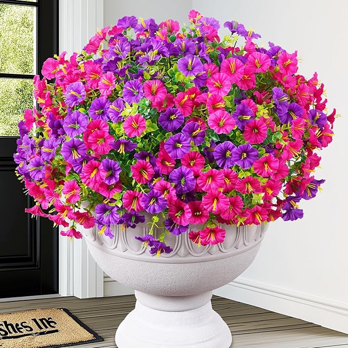MARTINE MALL 24 Bundles Look Real Artificial Flowers for Outdoors, Realistic Fake Outdoor Flowers, UV Resistant Silk Petunia Flowers for Outside Faux Flowers Plants for Outdoor Porch, Purple+Fuchsia