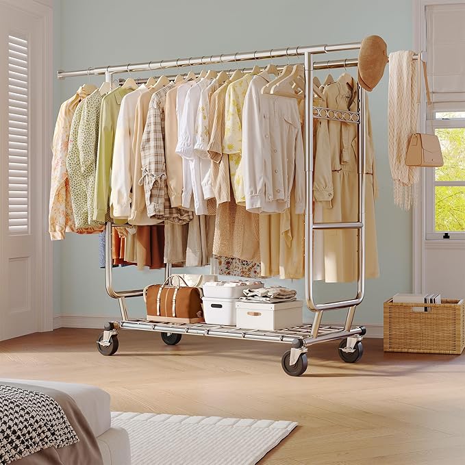 Raybee Clothes Rack Load 630LBS, Heavy Duty Clothes Rack, Rolling Clothing Racks for Hanging Clothes with Wheels, Adjustable & Commercial Garment Rack, 22" D x 75" W x 68" H
