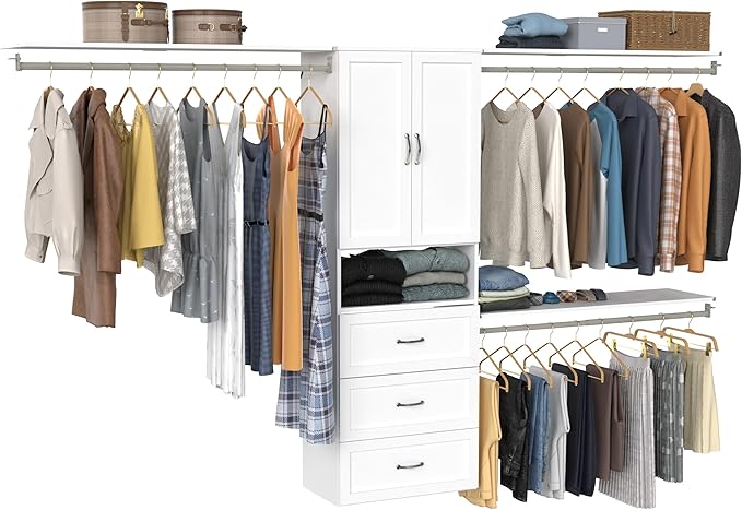 ClosetMaid SuiteSymphony Hanging Closet Kit Includes (1) Tower, (3) Closet Rods, (4) Shelves, (3) Top Shelves w/Brackets, (3) Drawer, and (1) Closet Door Set, White