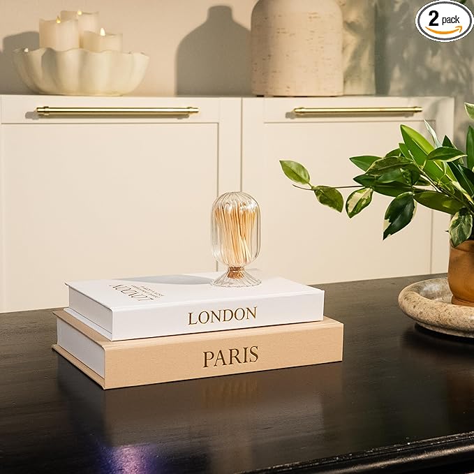 Decorative Books with Storage (Caramel/Beige) – Set of 2 Faux Linen Book Boxes with Gold Stamped Covers – Enhance Your Coffee Table, Bookshelf Decor – Hidden Storage for Photos, Keepsakes, and Jewelry