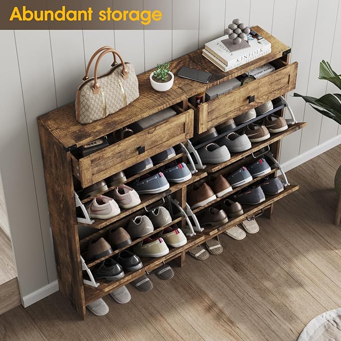 Shoe Cabinet with 4 Flip Drawers & 2 Drawers,Farmhouse Shoe Storage Cabinet for Entryway,Slim Freestanding Organizer Rack for Front Door Entrance,Rustic Brown