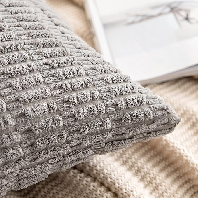 MIULEE Pack of 2 Corduroy Decorative Euro Sham Throw Pillow Covers 22x22 Inch Soft Boho Striped Pillow Covers Modern Farmhouse Home Decor for Sofa Living Room Couch Bed Light Grey