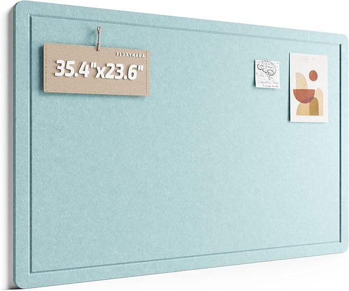 Fluxynara Bulletin Board,35.4" x 23.6" Cork Board Alternative with 12 Safe Removable Adhesive Tabs, Foldable Felt Pin Board for Home Office, Classroom, Bedroom,Entryway for Walls—Aqua Blue