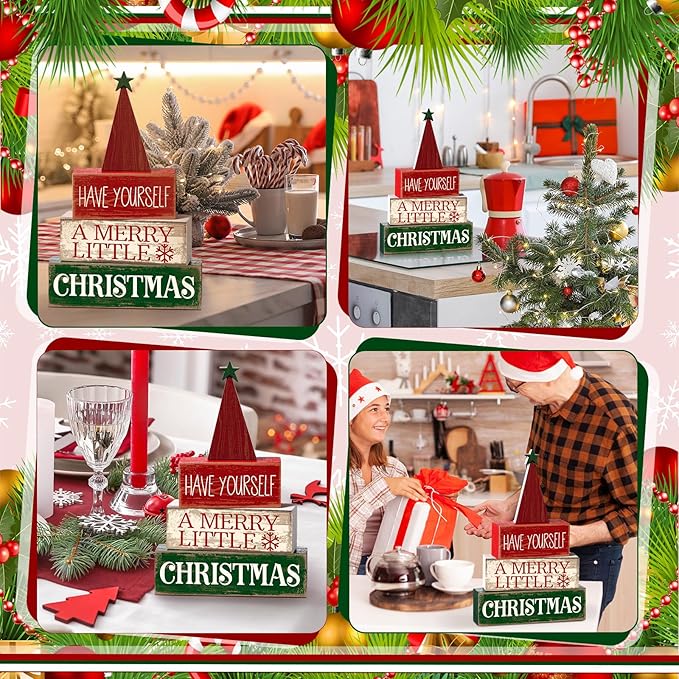 Moucuny 4 Pcs Christmas Decor Wooden Christmas Tree Winter Tiered Tray Decor Xmas Table Centerpiece Rustic Decorative Tree Block Signs Gift Farmhouse Winter Table Decoration for Home Kitchen